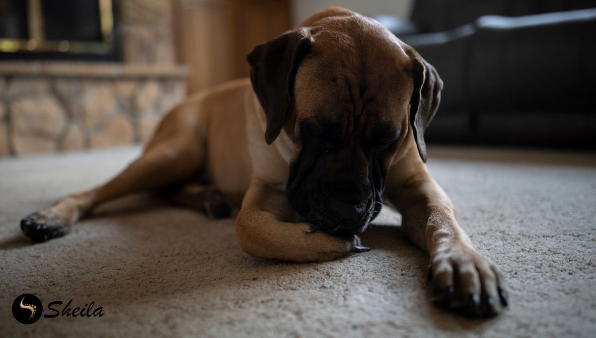 Een bruine hond ligt ontspannen op een beige tapijt en likt zijn poot, in een sfeervolle woonkamer.