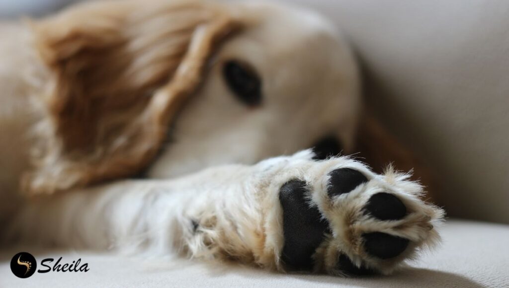 Een hond ligt ontspannen met zijn poot naar voren gericht, waarbij de zachte voetzool goed zichtbaar is.