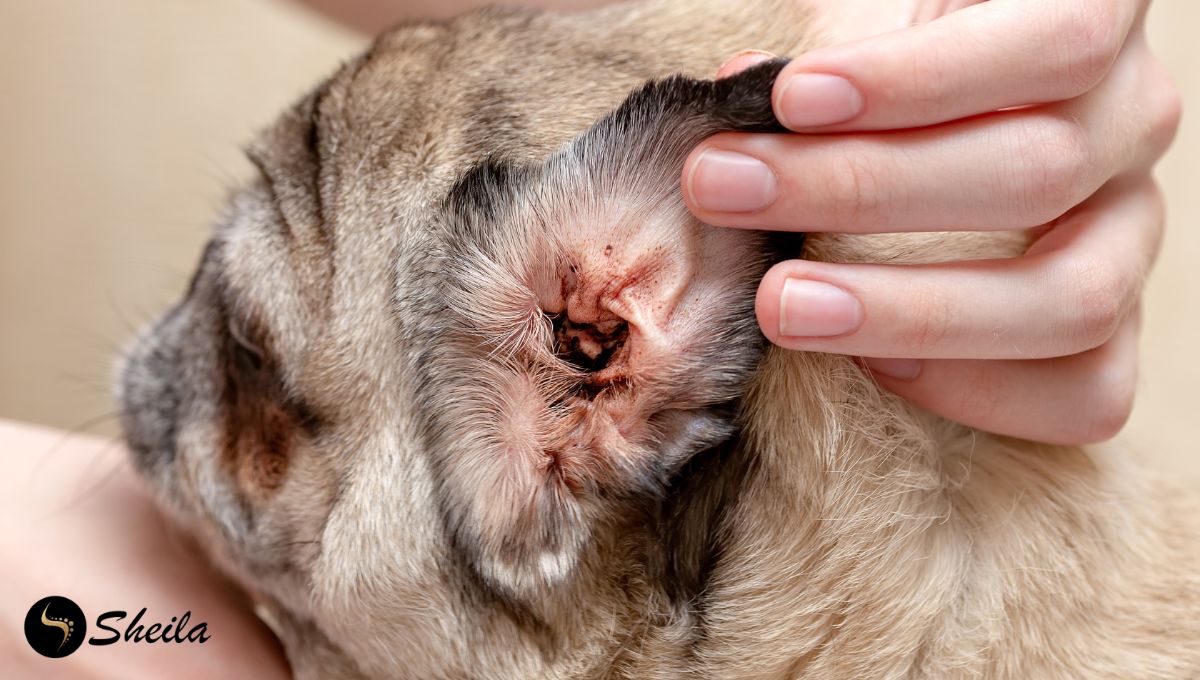 Close-up van het oor van een hond met tekenen van oormijt, terwijl iemand het oor openhoudt voor inspectie.